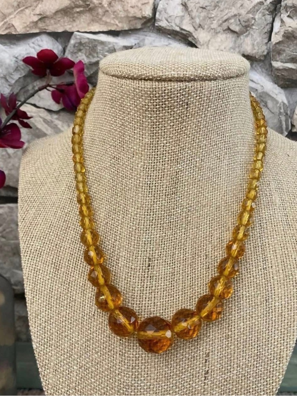 Antique Art Deco Signed Czech Amber Glass Faceted Graduated Ball Beads Necklace
